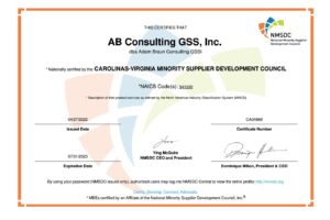 AB Consulting GSS, Inc NMSDC MBE Recertification No CA04969 4-27-22 to 7-31-23
